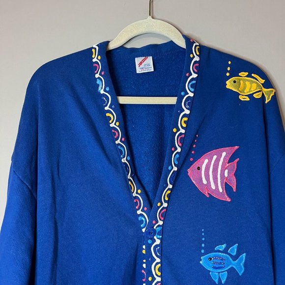 Vintage 90s Puffy Paint Glitter Tropical Fish Cardigan Sweatshirt - Picture 2 of 7